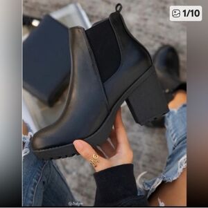 Black slip on chunky heel ankle bootie